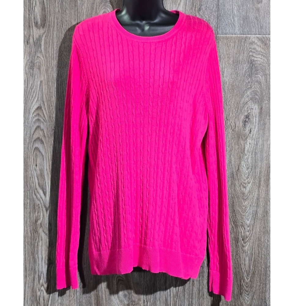 Kim Rogers Women's Crew Neck Long Sleeve Cable Knit Cotton Sweater‎ - Pink Med